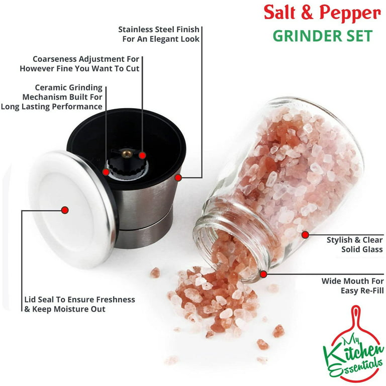 Deluxe Salt & Pepper Grinder with Stand | Peppermill - Dual Spice Mill Set with Adjustable Coarseness | Stainless Steel Seasoning Dispenser | Easy