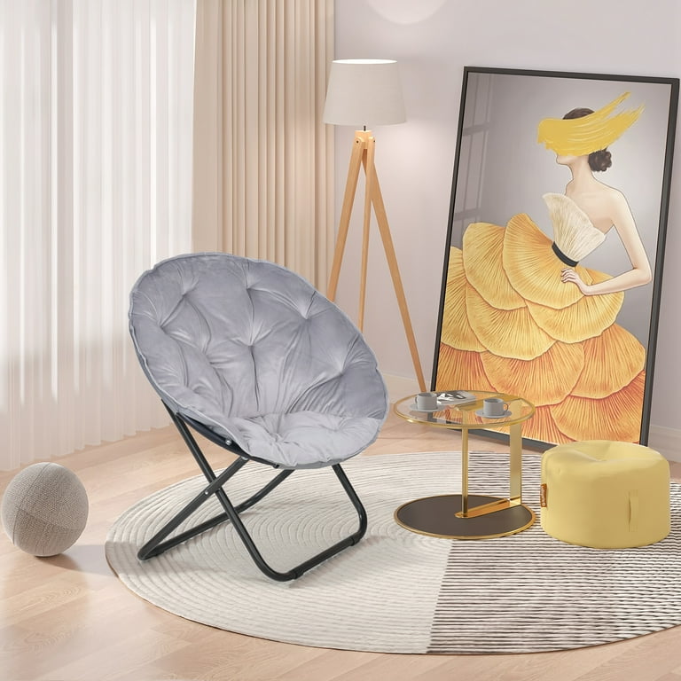 VECELO Folding Chair, Soft Faux Fur Saucer Chair with Metal