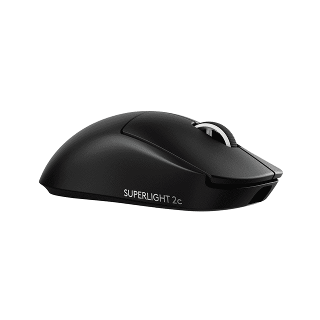Logitech G PRO X SUPERLIGHT 2c wireless gaming mouse in matte black with white scroll wheel, shown in right-side 3/4 profile, compact 51 g design featuring HERO 2 sensor and LIGHTSPEED wireless for esports precision and control.
