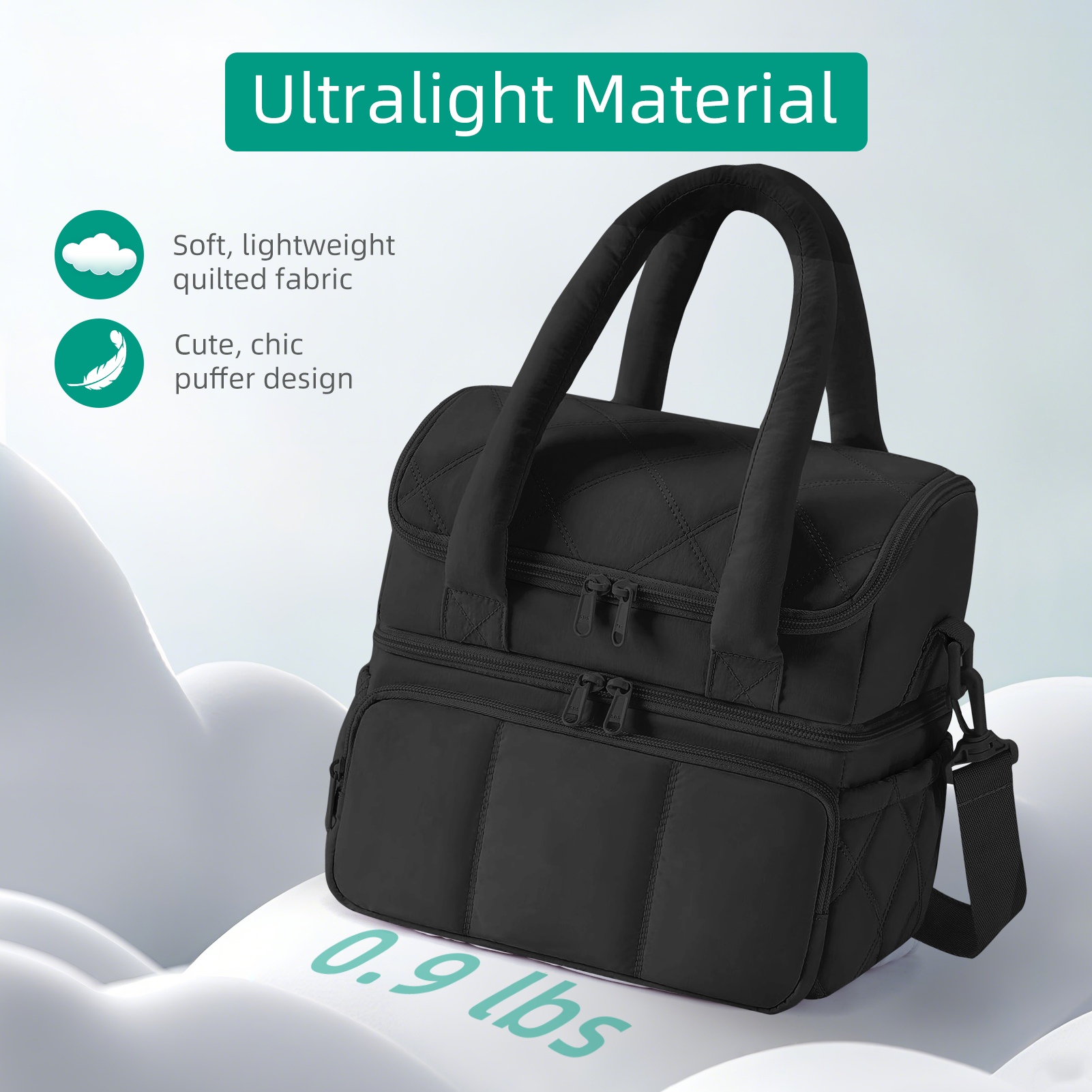 stillithou Double Deck Lunch Bag Insulated Leakproof, Quilted Puffer Lunch Bag Women Lightweight for Work Travel Beach Picnic, Large(Double Deck), Black