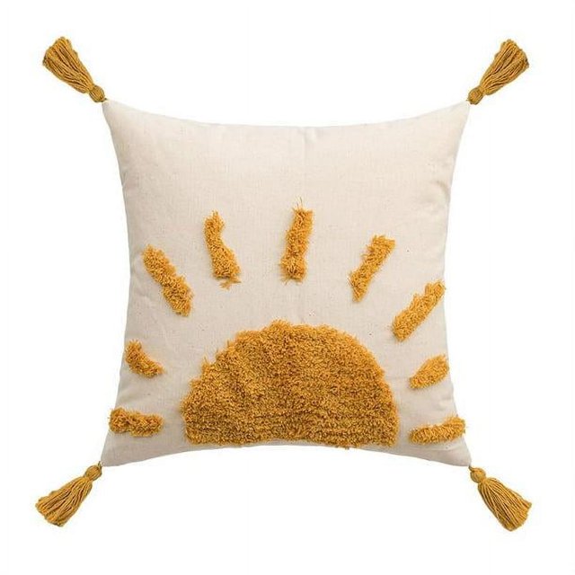 Fundas De Almohada Decorativas Estilo Bohemio De 18 X 18 Pulgadas, Fundas De Almohada Coloridas De Algodón Con Mechones De Sol Y Borlas Para Sofá, Color Amarillo Y Blanco