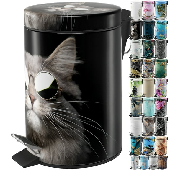 Sanilo Trash Can 1.3 Gallon with Soft Close, Many New Cosmetic and Kitchen Waste Bins Available, Bathroom Bin with Inner Bucket (Cool Cat)