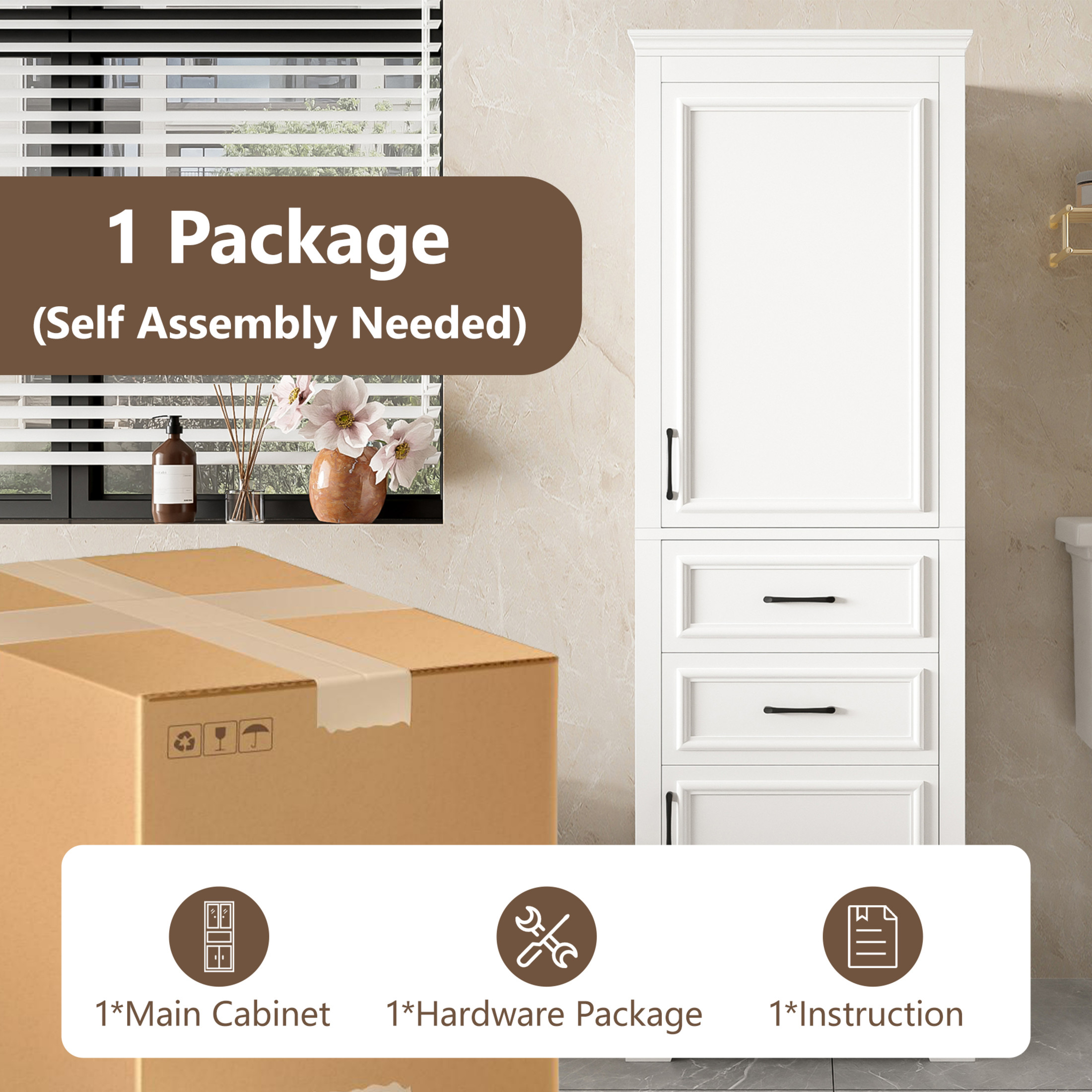 Noble House 71" Freestanding Bathroom Cabinet with Soft-Close Doors, 2 Drawers, Adjustable Shelves, White