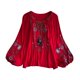 thumbnail image 4 of Blusa bordada para mujer, Tops informales con cuello en V, Tops bohemios elegantes bordados florales Rojo, 4 of 10
