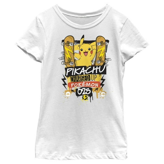 Girl's Pokemon Pikachu Charged Up Graphic Tee White Large