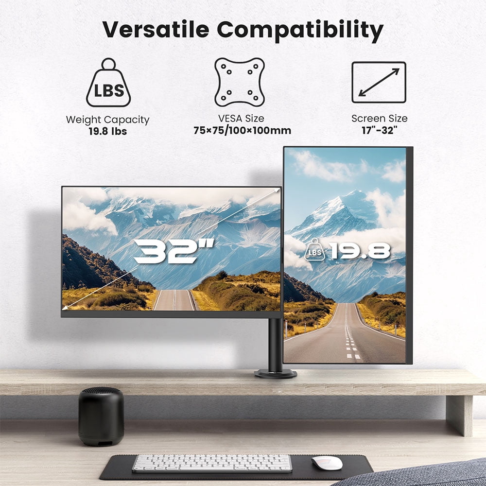 ACGAM Dual-Monitor Desk Mount, Fits 2 Screens Up to 32 inches, Adjustable Monitor Arm for 17”-32” Screen, Monitor Stand with C-Clamp Grommet Base, up to 19.8lbs