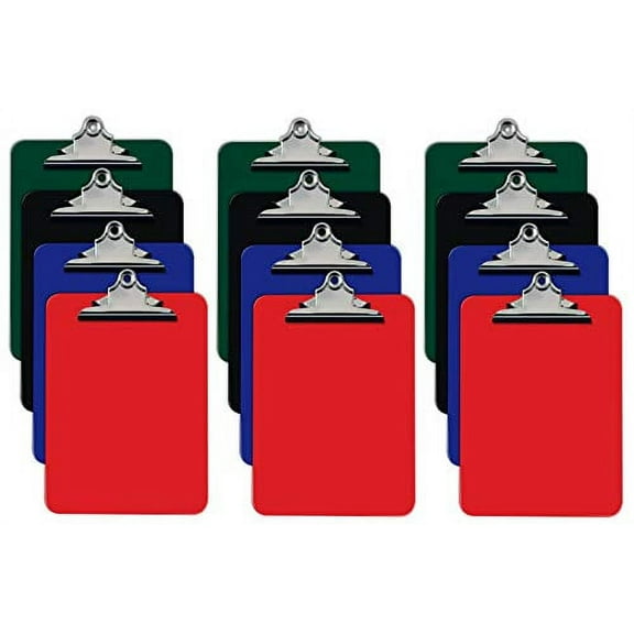 Assorted Colors Plastic Clipboards, 12 Pack, Durable, 12.5 x 9 Inch, Standard Metal Clip, by Better Office Products, (3 Each of Black, Red, Blue, Green), Set of 12