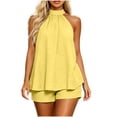 thumbnail image 2 of Karymi Short Sleeve Shirts for Women Solid 2 Piece Vacation Outfit Set, Halter Neck Sleeveless Loose Flowy Tank Top, Elastic High Waist Relaxed Fit Shorts Jumpsuits for Women Dressy, 2 of 6