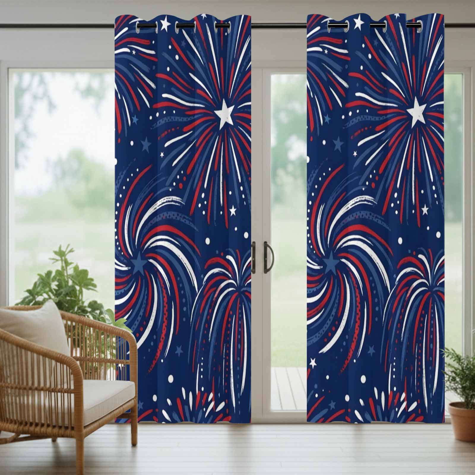 Independence Day Outdoor Curtains for Patio, U. S. Flag Cartoon Firework Graffiti Patriotic Sunshade Privacy Drapes Grommet Waterproof Outside Curtains for Porch/Cabana/Balcony 54"x 108", 1 Panel