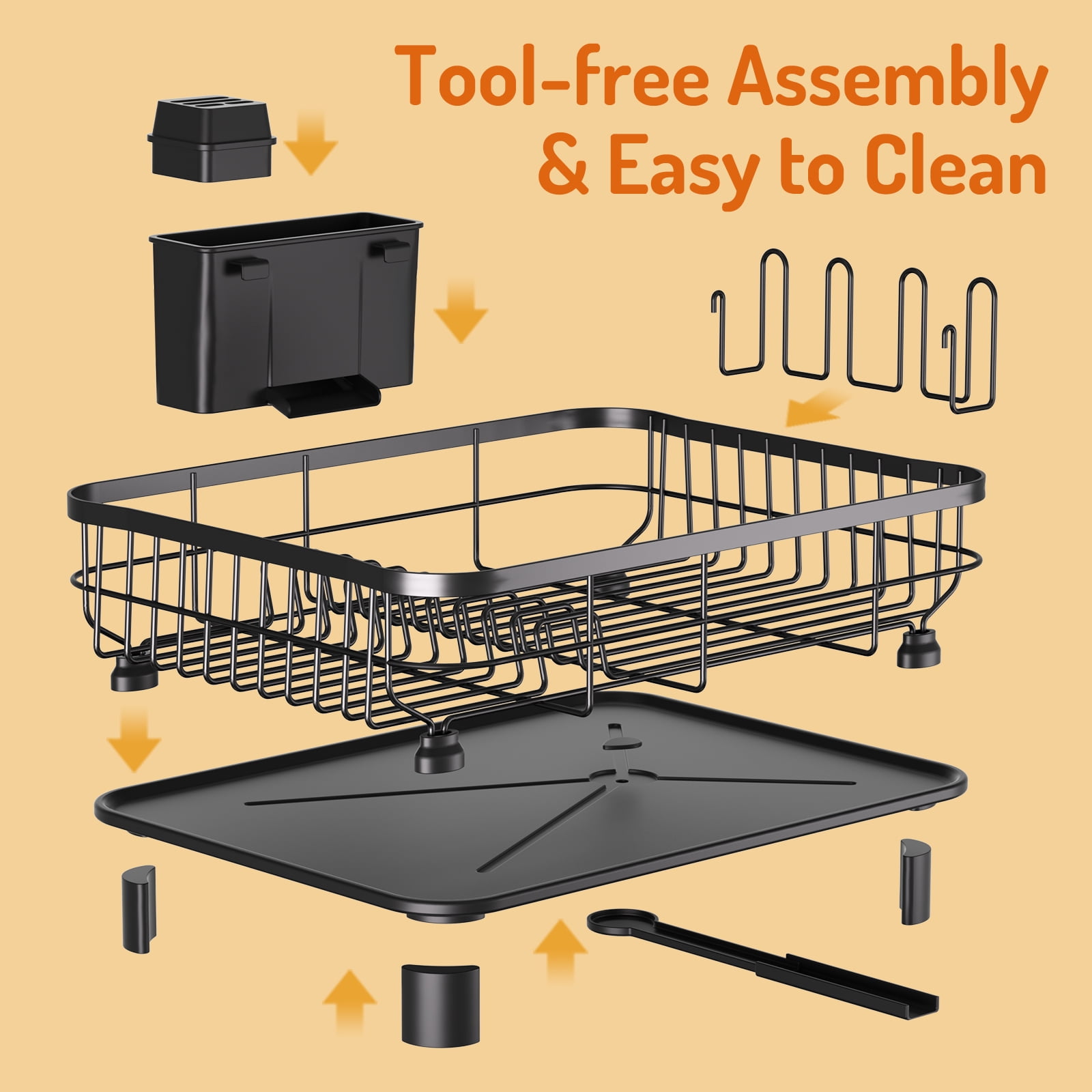 Dish Rack, Aluminum Dish Drainer,Dish Drying Rack with Removable Drip Tray, Large Storage Draining Board, Cutlery Holder & Cup Holder, Plate Rack Drainer for Kitchen Black