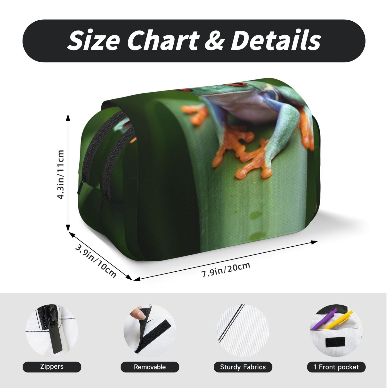 Rateoe Red-Eyed Tree Frog Pattern Double Clamshell Pen Case, Storage Organizer with Two Zipper Compartments– Holds Up to 50 Pencils & Pens