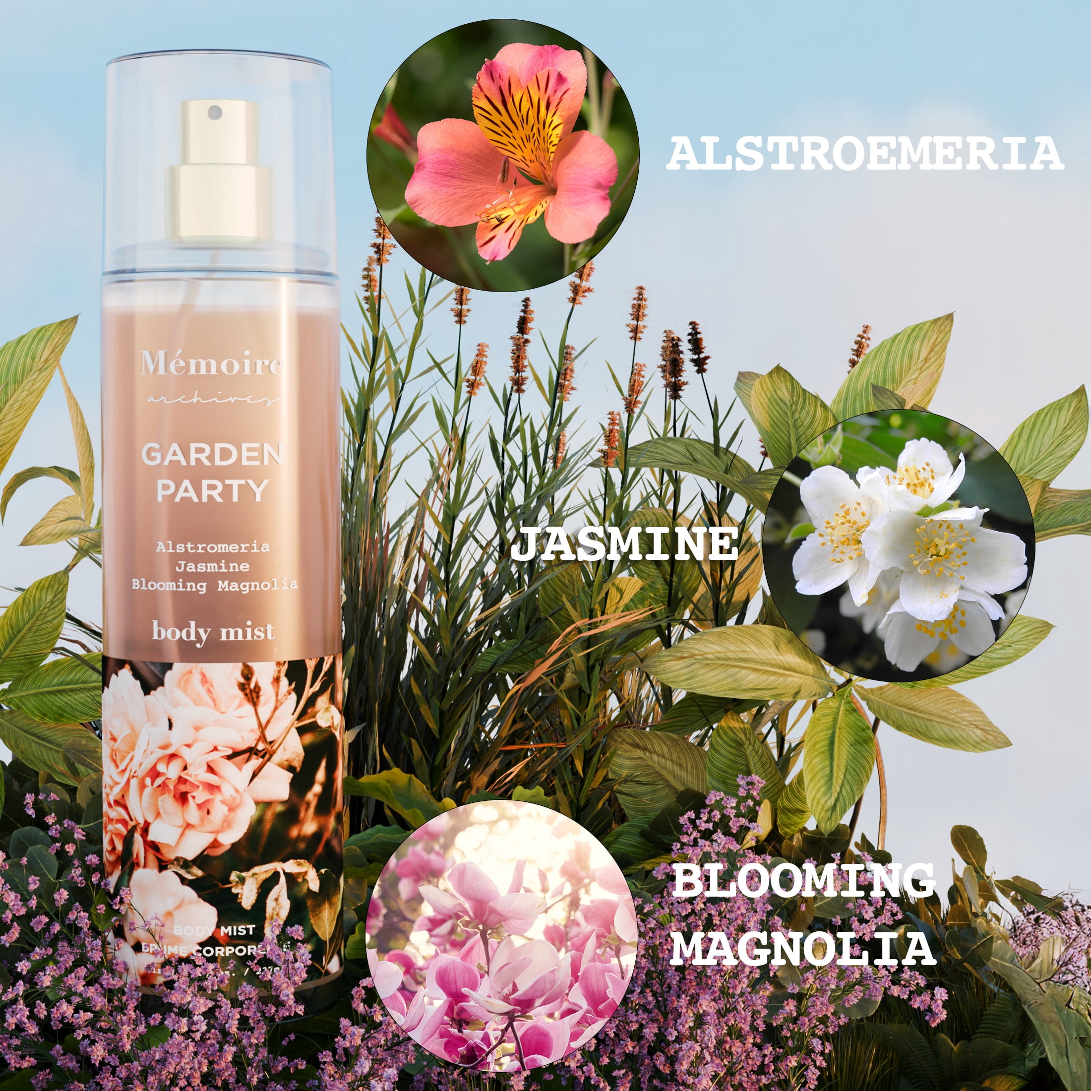 Memoire Garden Party Body Mist for Women, 8 fl oz, Floral Fragrance with Alstroemeria, Jasmine & Magnolia Notes