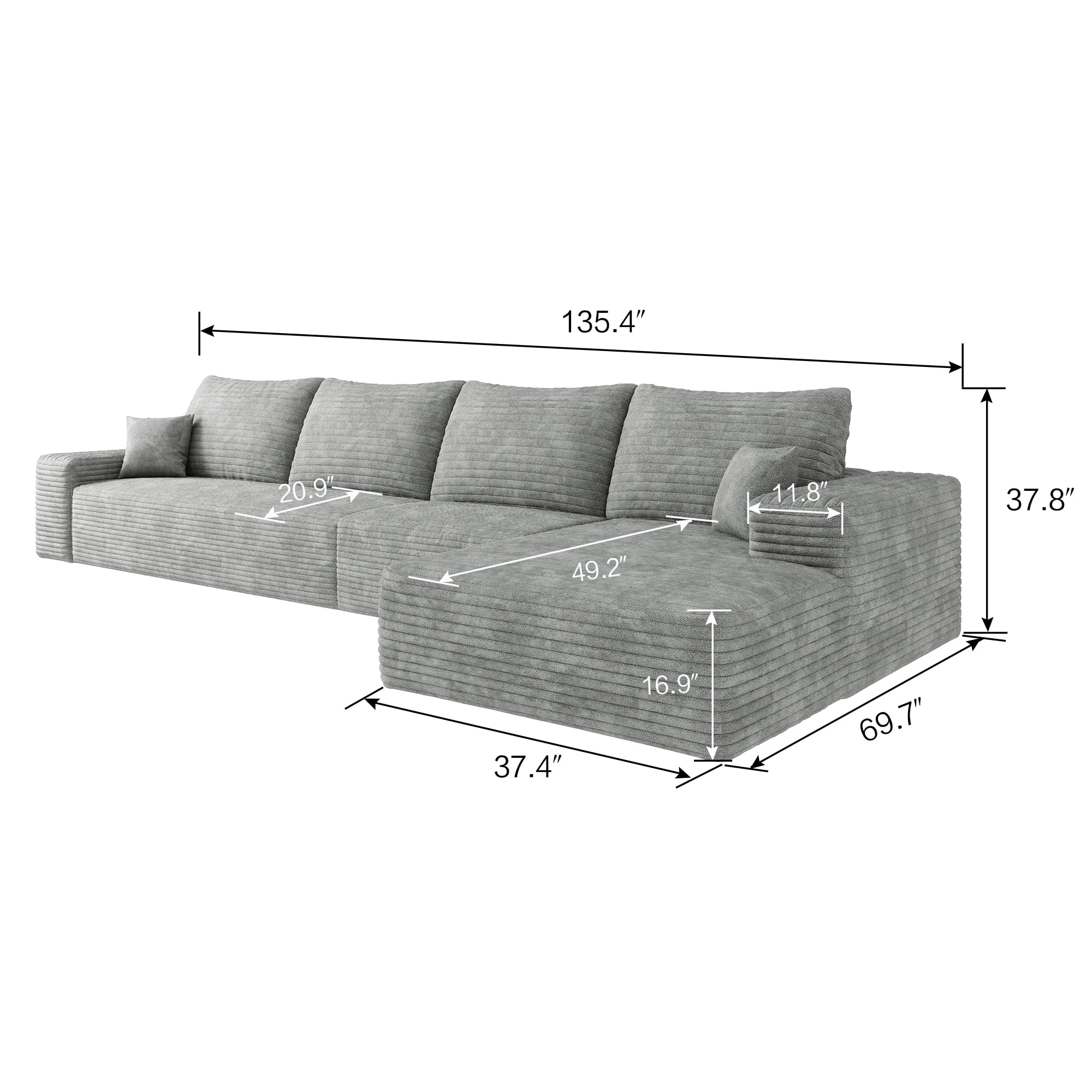 MAYEERTY 135" Cloud Sectional Couch Modern Modular Sofa for Living Room No Assembly Required, Gray