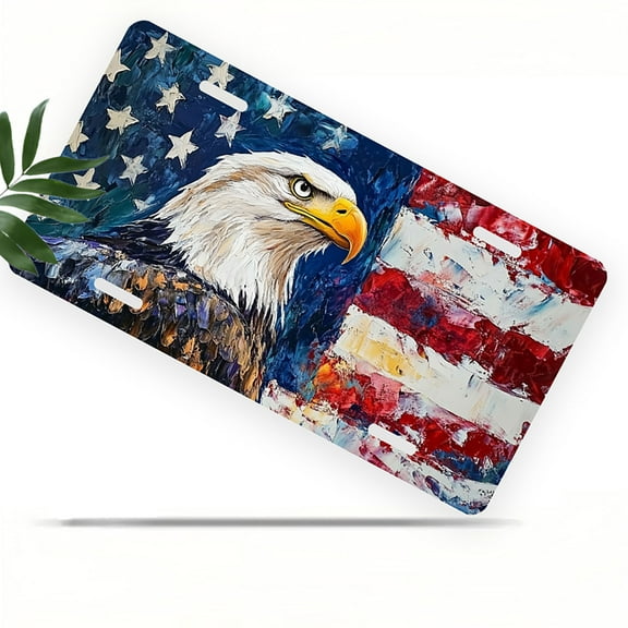 License Plate, Eagle and Textured American Flag Decorative Front,Personalized Stainless Steel License Plate Cover For Men Women,12.2" X 6.2"