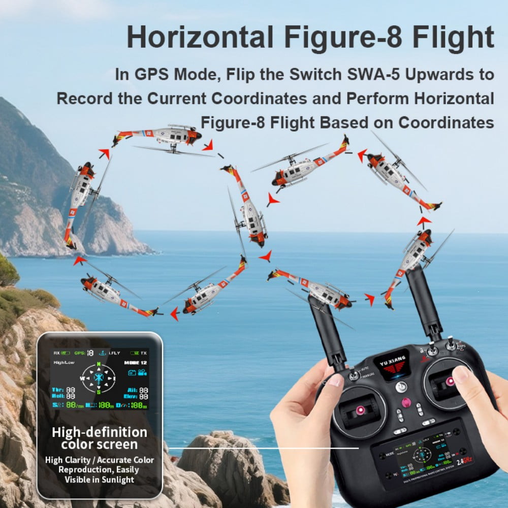 YUXIANG F07S UH-1D Huey RC Helicopter with LED Lights, 6CH 6G 1/34 Scale Brushless Motors GPS Optical Flow Positioning & Smart Flight Modes Aircraft for RC Pilots