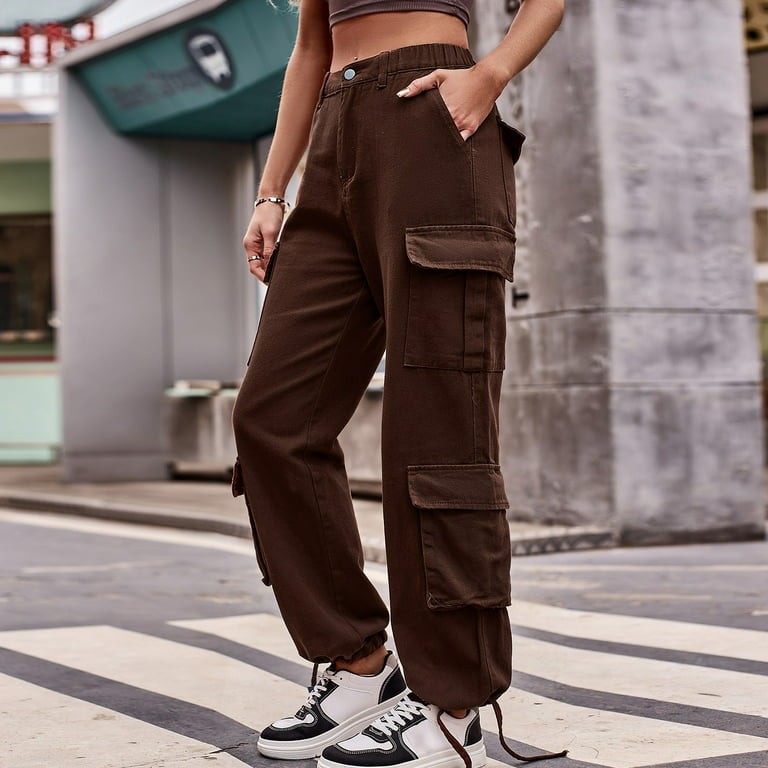 Daznico Women Solid Cargo Pants Drawstring Elastic High Waist Ruched Baggy  Cargo Pants Multiple Pockets Jogger Pant Pants for Women Coffee S