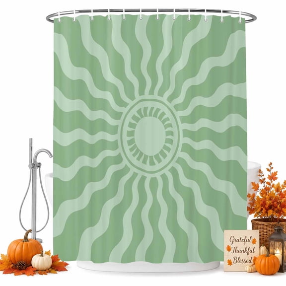 Bohemia Shower Curtain, Waterproof Shower Curtains for Bathroom, Retro Abstract Simple Sun Sunshine Aesthetic Green Washable Fabric Bathtub Curtain Set Bath Decor with 12 Hooks Standard 72"x72"