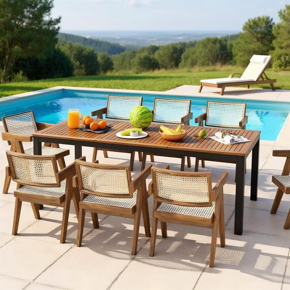 Topcobe 8-Person Outdoor Dining Table 79 Inch Acacia Wood Patio Table with Umbrella Hole, Outdoor Patio Furniture for Garden Backyard Pool Deck