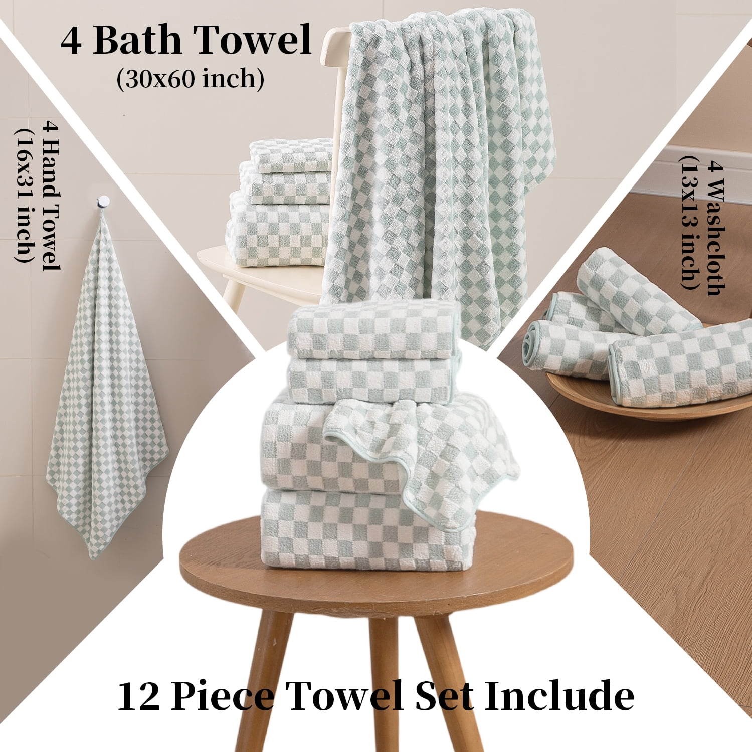 Beartech 12 Piece Microfiber Bath Towel Set:4 Bath Sheet Towels,4 Hand,4 Washcloths Ultra Soft & Absorbent,Quick Dry & Less Lint Shower Towels Set For Bathroom Hotel-Mint Green