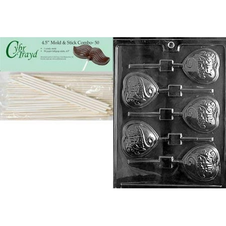 

Cybrtrayd 45St50-V035 Be My Valentine Lolly Valentine Chocolate Candy Mold with 50 4.5-Inch Lollipop Sticks