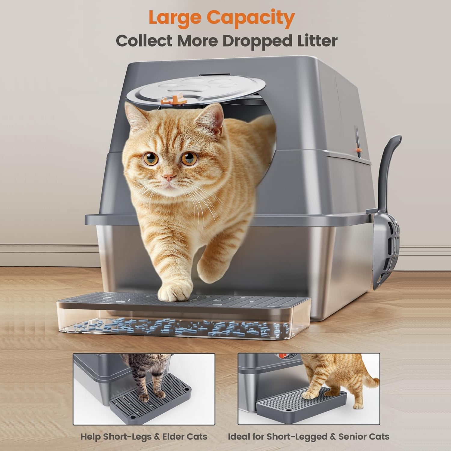 PetWhole Extra Large Stainless Steel Enclosed Cat Litter Box with Pedal, Scoop, Stickers, and Carbon Bag, Gray