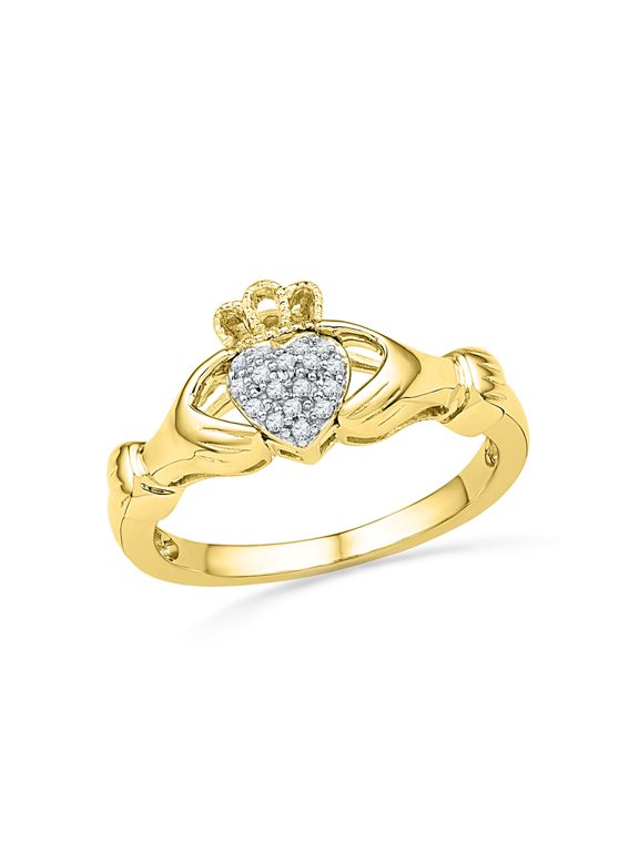 10kt Yellow Gold Womens Round Diamond Claddagh Hands & Heart Cluster Ring 1/20 Cttw
