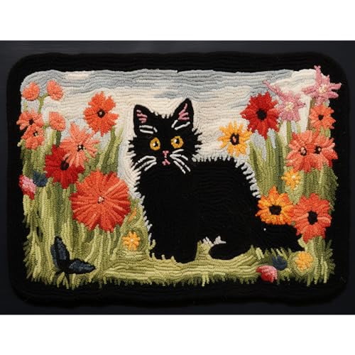 Black Cat Flowers Latch Hook Rectangle Rug Kits for Adults Needle Crochet Yarn Embroidery Carpet Hook and Latch Kit Floor Mat Tapestry Christmas Home Decoration 52x38cm(2)