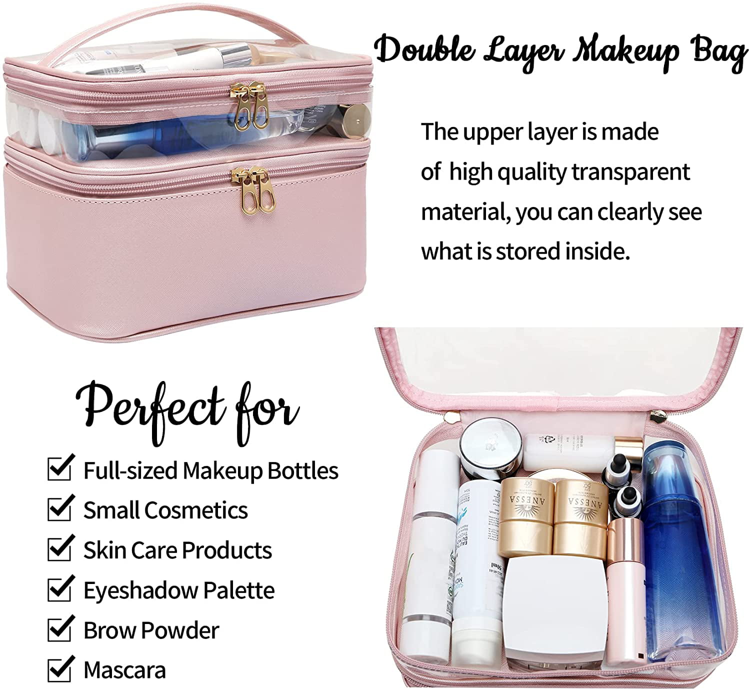 QWZNDZGR Double Layer Travel Makeup Bag with Strap, Large Cosmetic Case  Organizer Fits Bottles Vertically, Top Layer for Brushes, Tweezers,  Eyeliner