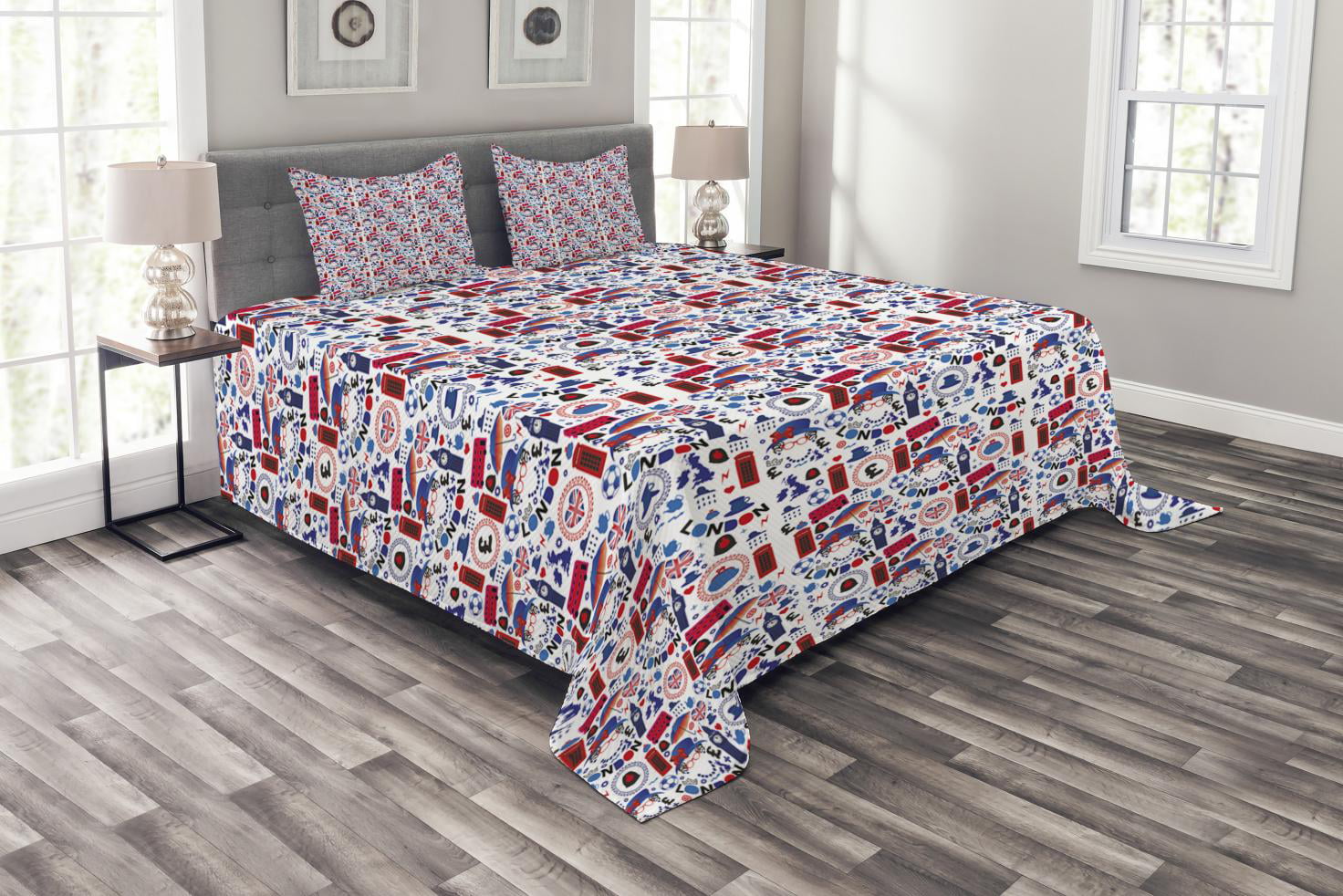 Popular English Icons Print Details about   London Quilted Bedspread & Pillow Shams Set