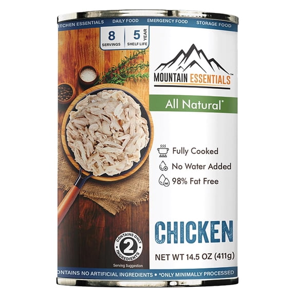 Mountain Essentials Fully Cooked Canned Chicken Breast, 14.5 oz – Ready-to-Eat White Meat, Gluten Free, No Carbs, 5-Year Shelf Life, Emergency & Camping Food, Made in USA