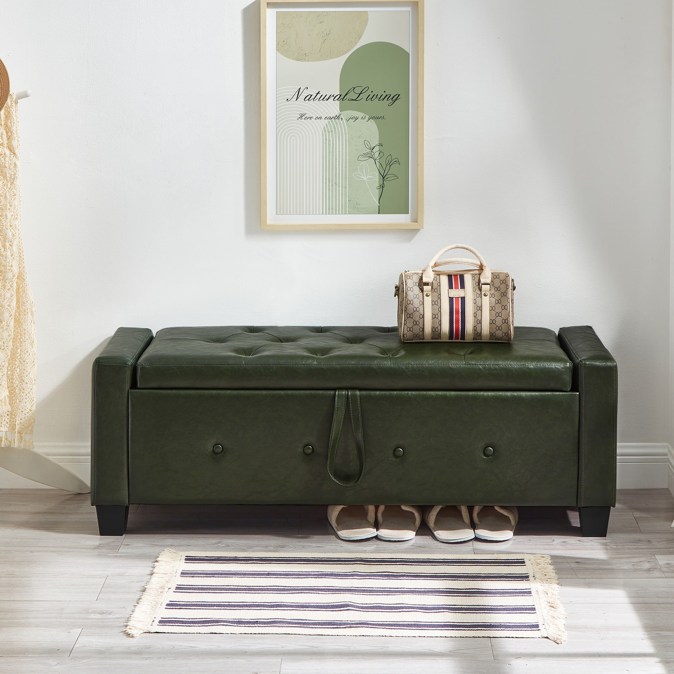 Aukfa 48" Storage Ottoman Bench with Safety Hinges, Upholstered Tufted Faux Leather Bench for Bedroom, Living Room & Entryway, Dark Green