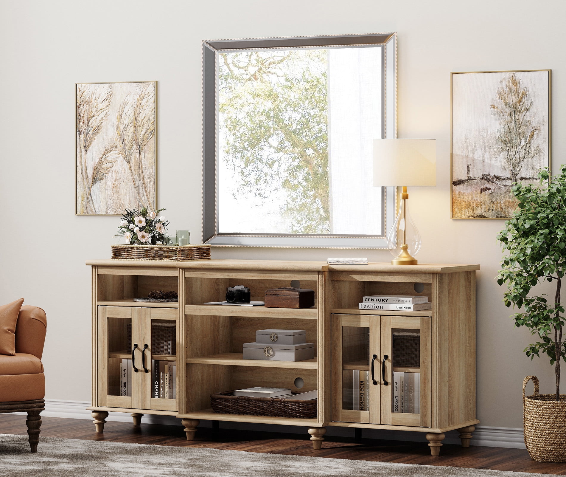 Oak TV Stand for TVs Up to 75 inch, 4-Door Glass Farmhouse TV Console with 9 Storage Cabinets, 70''