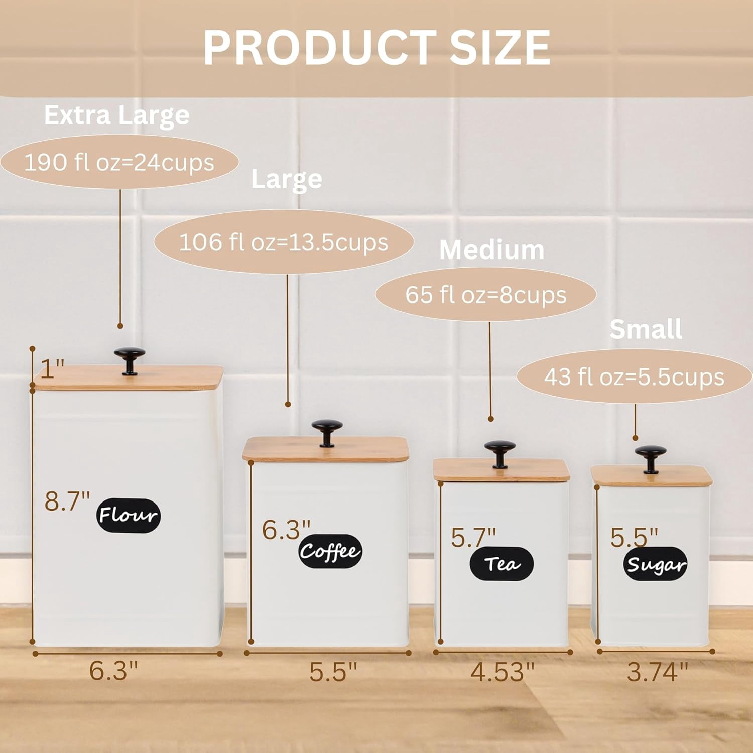 Perfnique Kitchen Canisters, Farmhouse Kitchen Counter Set of 4, Coffee Tea Sugar Jars Food Storage Container (White)