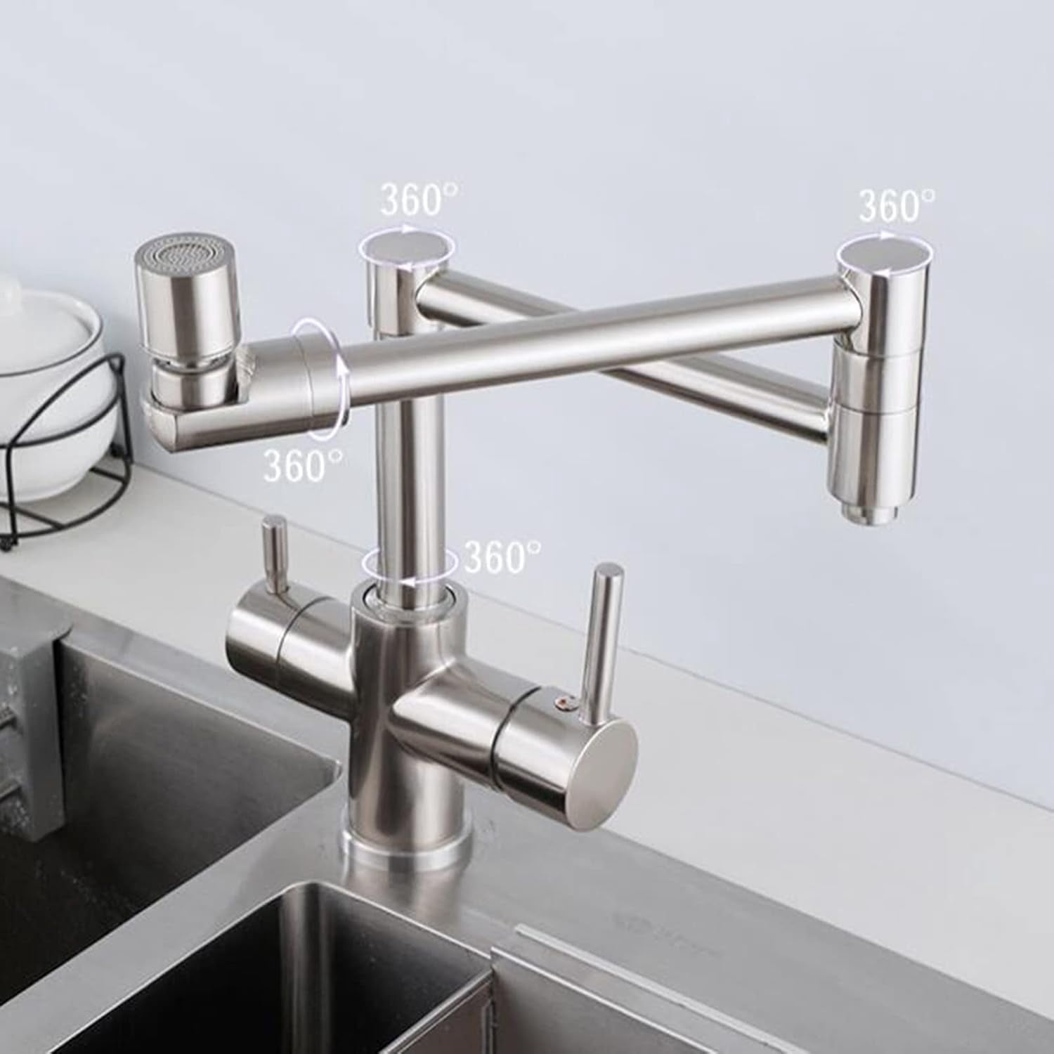 3 Way Kitchen Faucet Folded Brass Hot and Cold Water Swivel Kitchen Sink Faucet Brushed
