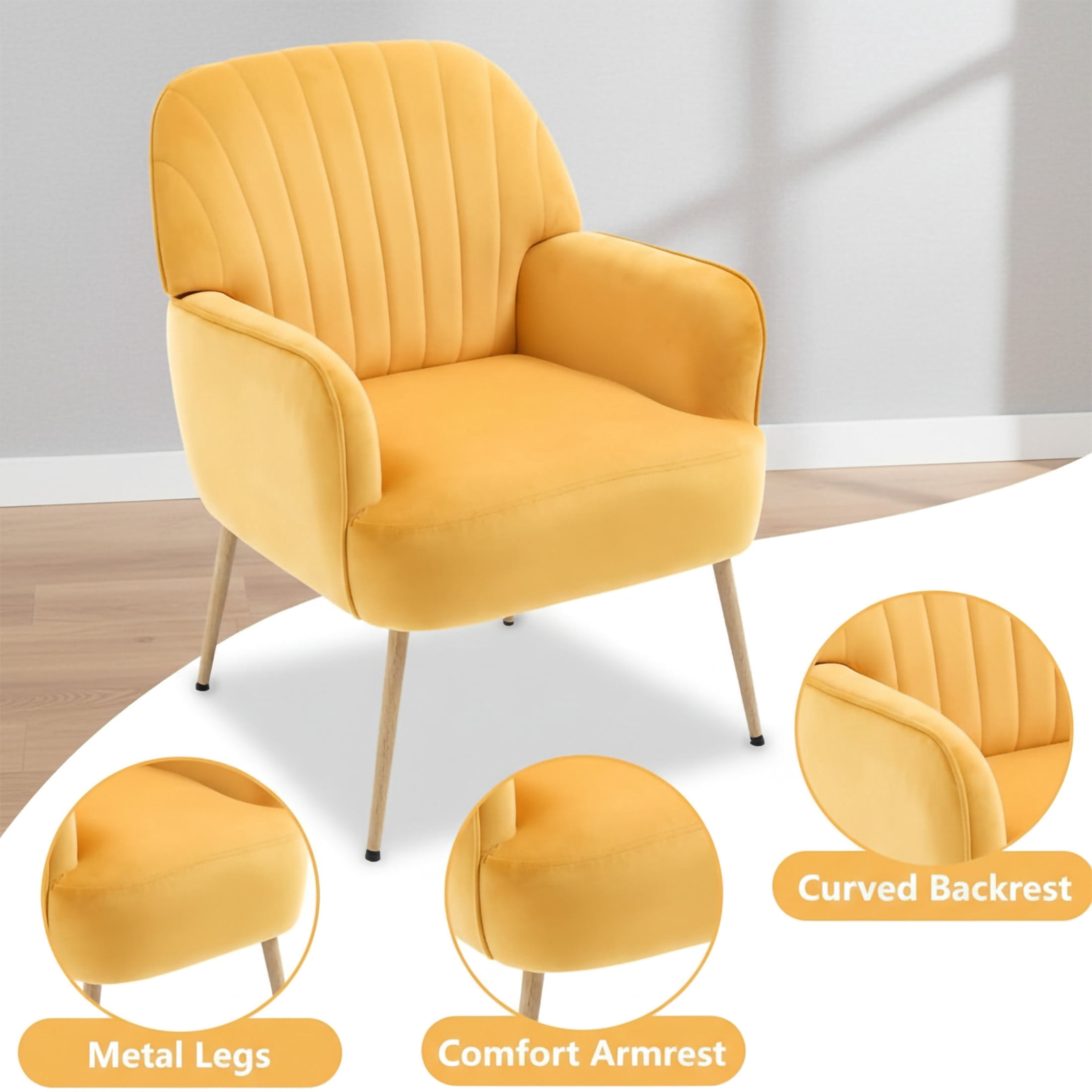 Noble House Ordis Velvet Accent Chair with Shell-Shaped Backrest & Metal Legs, Comfy Barrel Chair for Living Room, Yellow