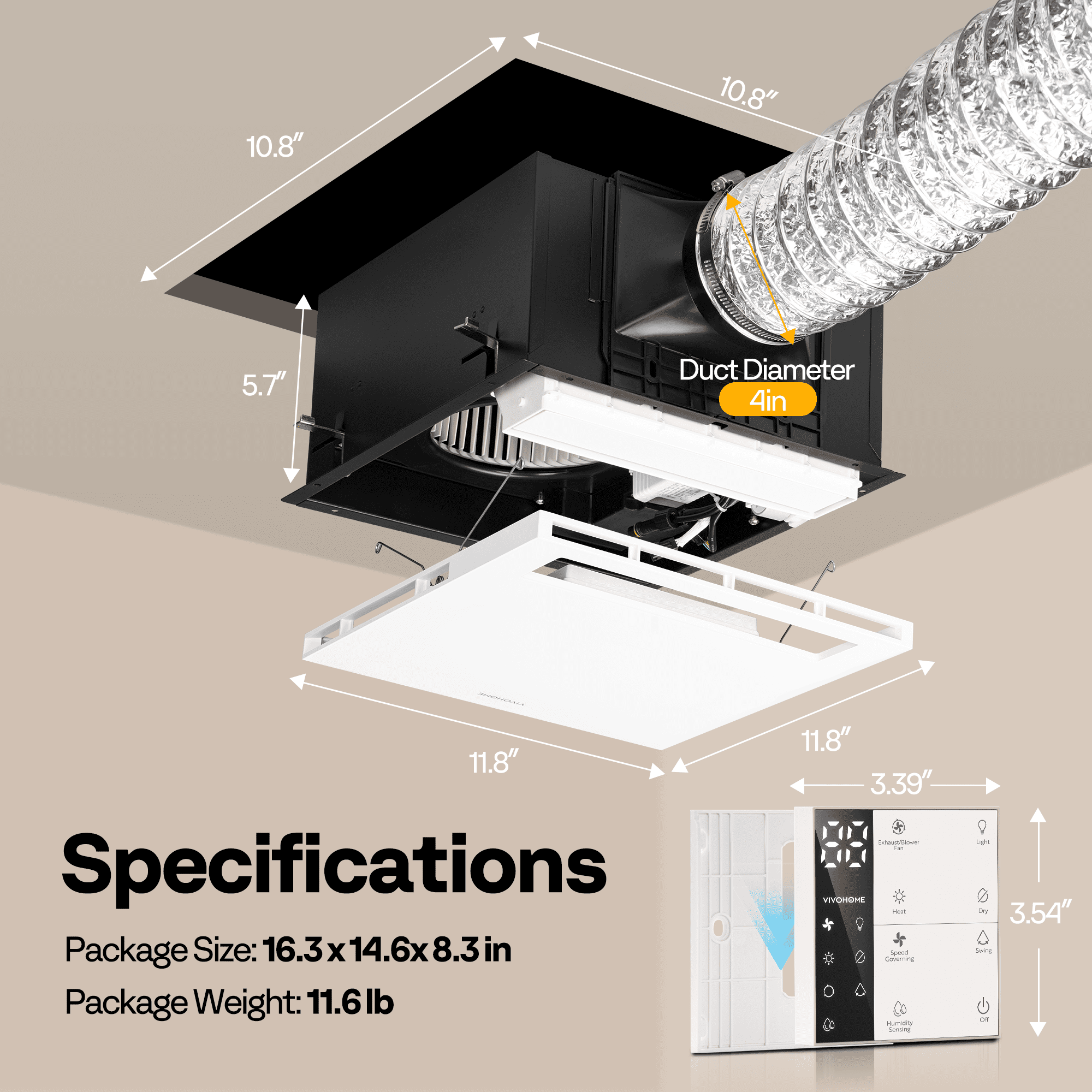 SPECSTAR Bathroom Exhaust Fan with 1600W PTC Heater, Humidity Sensor & LED Light, Ceiling Mount Ventilation Fan, 160 CFM DC Motor, 3 Color Temperatures, Remote Control, Oscillating Louver