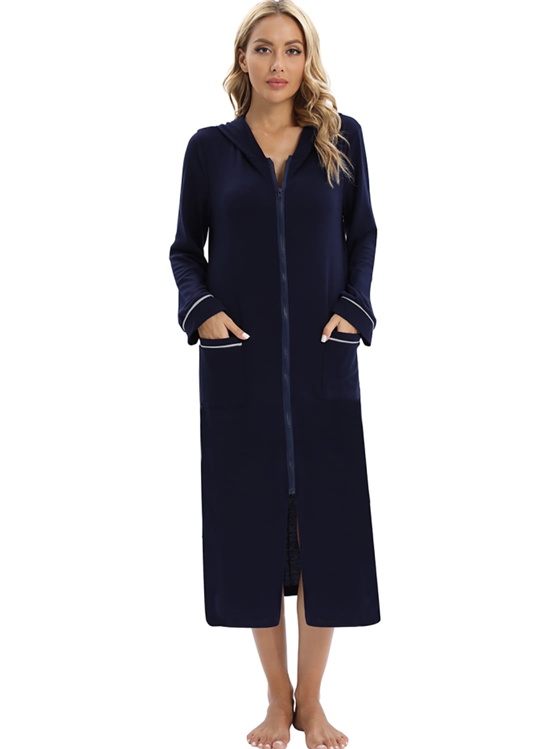 WBQ Nightgowns for Women with Pockets, Womens Long Sleeve Zip Up Hooded