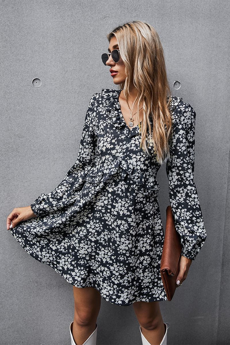dal chap søsyge Floral Print V Neck Long Sleeve Ruffle Detail Dress for Women - Walmart.com
