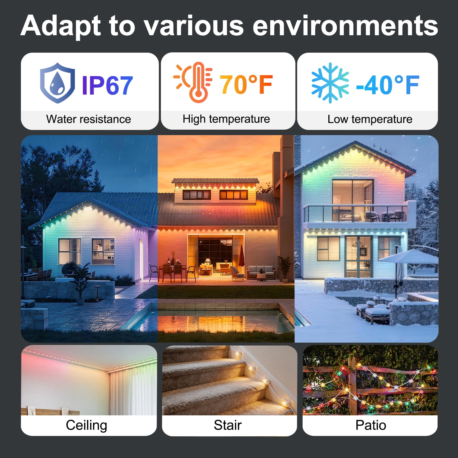50ft RGB+IC Permanent Outdoor Eave Lights 16 Million Colors Music Sync IP67 Waterproof App Control Holiday Lighting