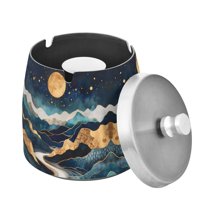 Yayeee Ashtray with Lid for Cigarette Smokeless Stainless Steel Home Ash Holder, Green Mountains