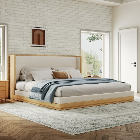 Christopher Knight Home Mid-Century Modern Wooden Bed Frame with Headboard, King Size, Beige Upholstery