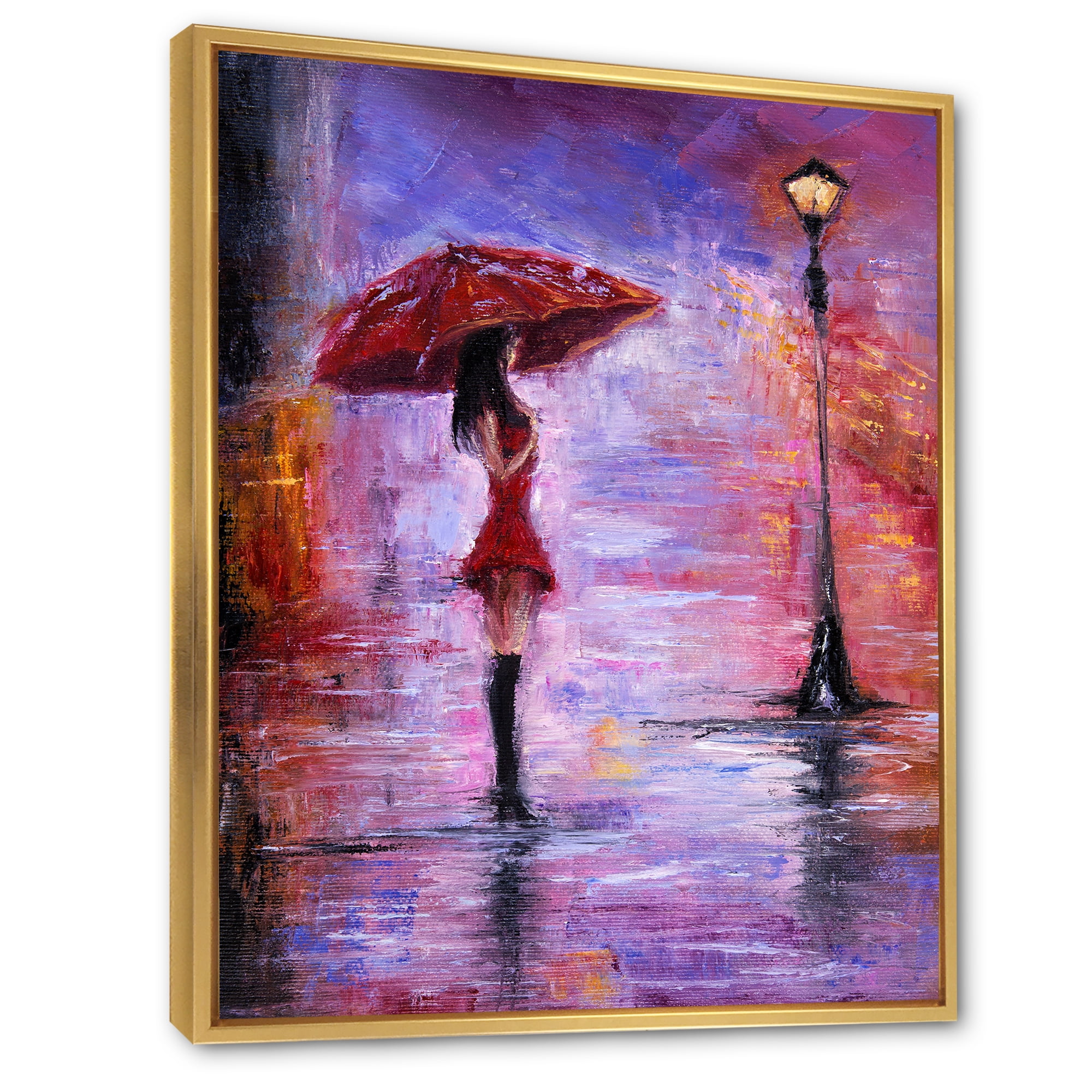 Designart 'The Girl With The Umbrella Walking In The Rain I' French Country Framed Canvas Wall Art Print