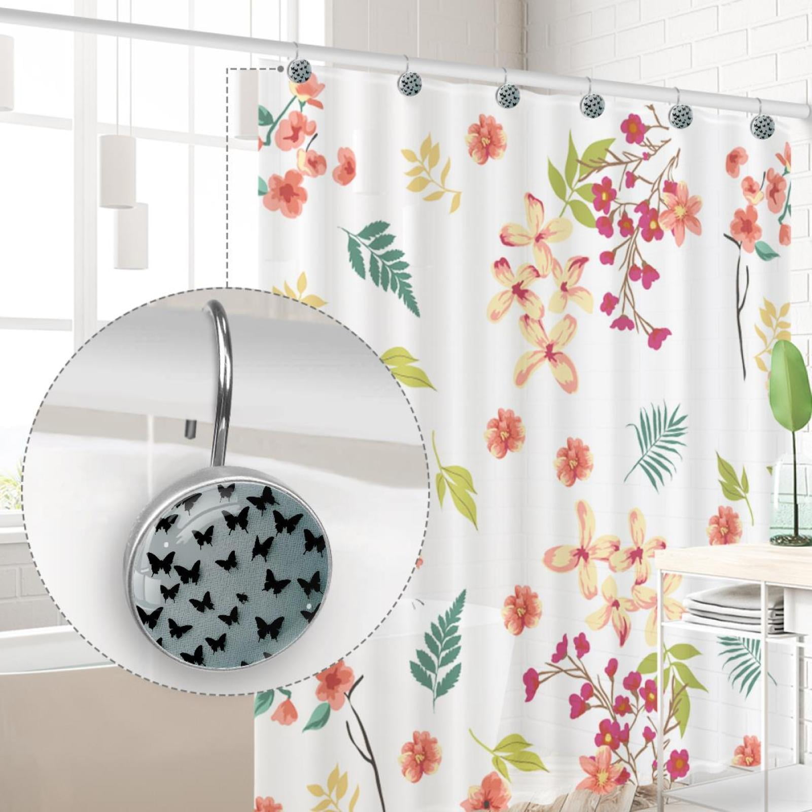 Black Butterfly Shower Curtain Hooks Round Crystal Glass, Set of 12 Shower Curtain Rings - Shower Hooks for Curtain Shower Rings