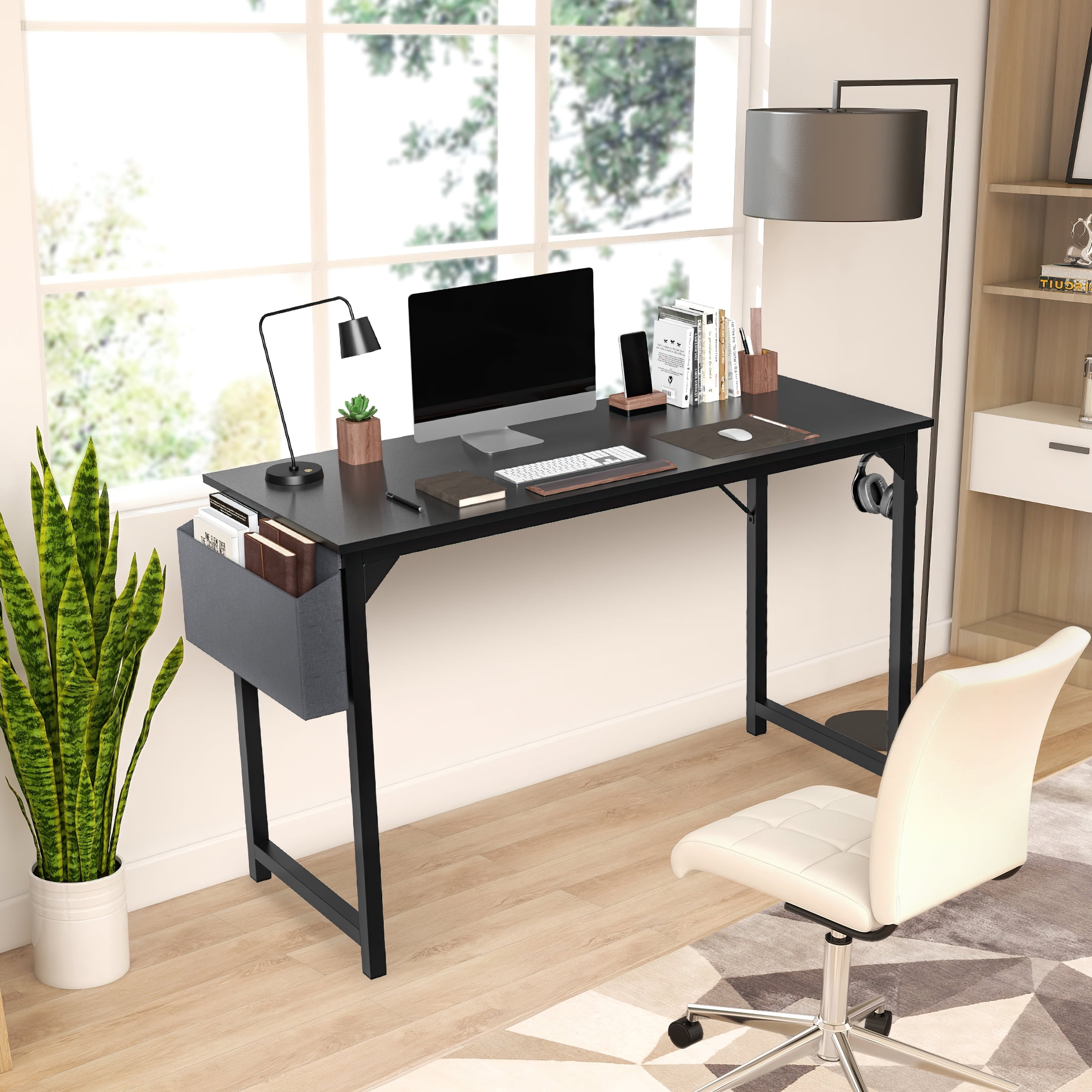 CONCETTA Computer Desk, 40 Inch with Storage Bag and Iron Hooks for Home, Office, Black