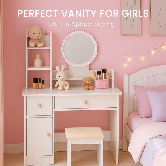 Space Saving Dressing Table With Mirror Storage Shelf Wide Drawer Dresser Suitable For Small Room Dormitory Must-Have Gift For Student Renter First Apartment Christmas Gift