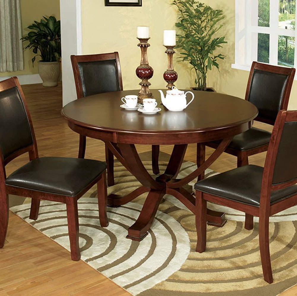 Transitional Round Dining Table, Brown Cherry