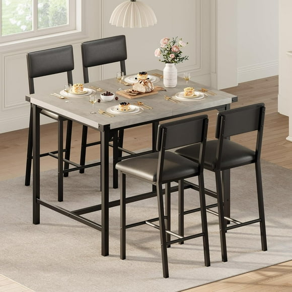 Ensemble de Salle à Manger 5 Pcs avec Repose-Pieds et Dossier, Ensemble de Table de Bar avec 4 Chaises Rembourrées, Ensemble Table et Chaises de Bar avec Protège-Coins, pour Pub, Salle à Manger, Cuisine