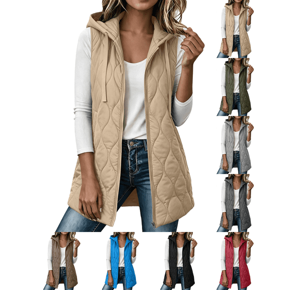 Liuinsasek Womens Lightweight Puffer Vest Fall/Winter Casual Long Sleeveless Hooded Zip Up Outerwear with Pocket Fashion Puffer Jacket