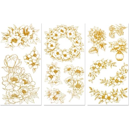 Rub on Transfer Decals for Furniture Crafts Decor Golden Flower Patterns 6"x12" 3Pcs Waterproof UV DTF Transfer Sticker for Lingerie Chests Drawer Dresser Glass Porcelain Wood Plastic