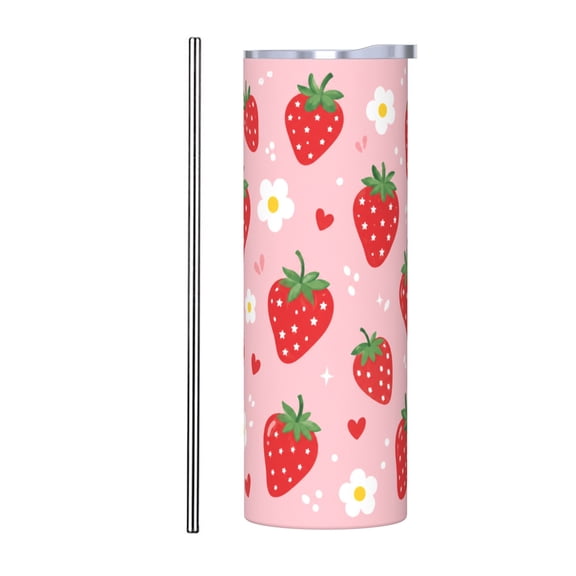 20oz Cute Strawberry Floral Tumbler with Handle Stainless Steel Insulated Travel Coffee Cup Gift with Stainless Steel Straw